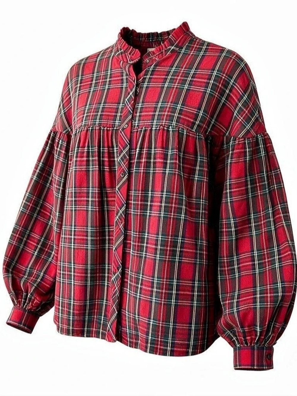 Women’s Festive Balloon Sleeve Red Plaid Button Up Blouse